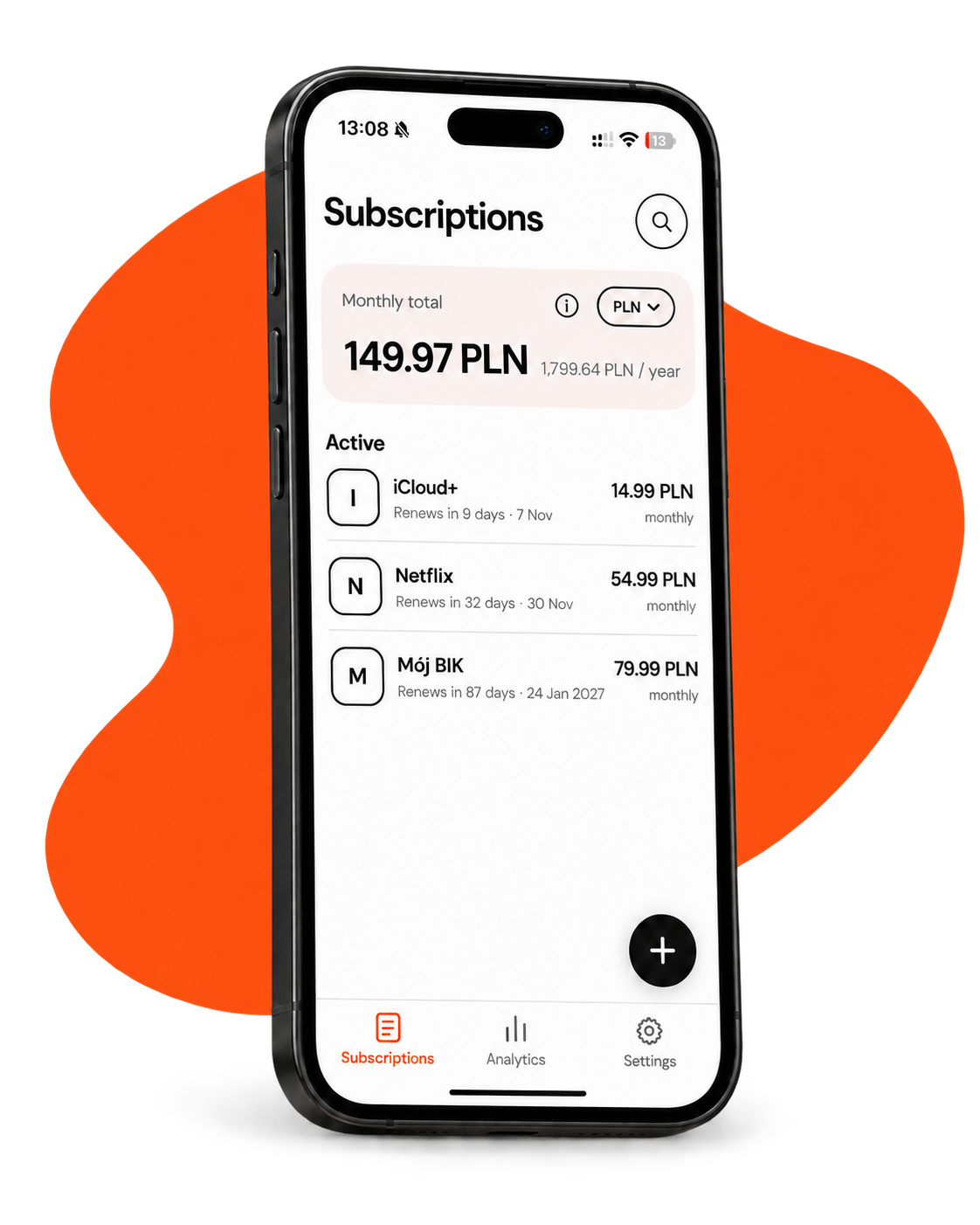 ebbo subscriptions screen showing a monthly total of 149.97 PLN and a list of recurring payments
